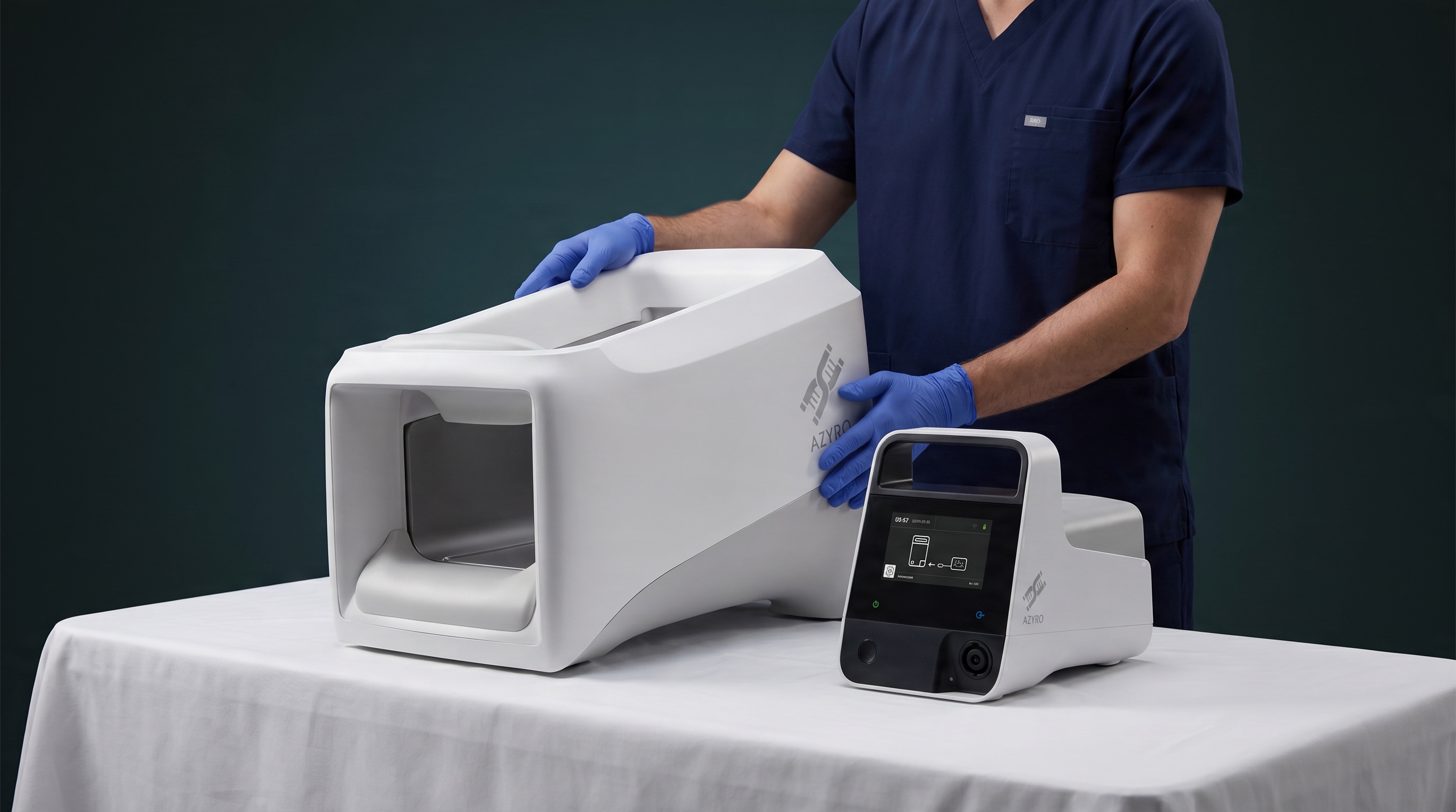 An Azyro clinician in scrubs and gloves positioning the bioelectronic application chamber on a clinical table, with the portable controller alongside.