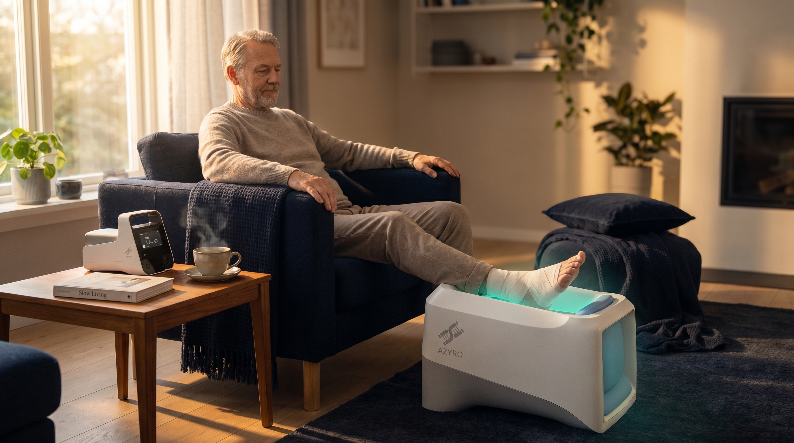 An older patient at home with the Azyro application chamber active on their bandaged foot in a comfortable living room.
