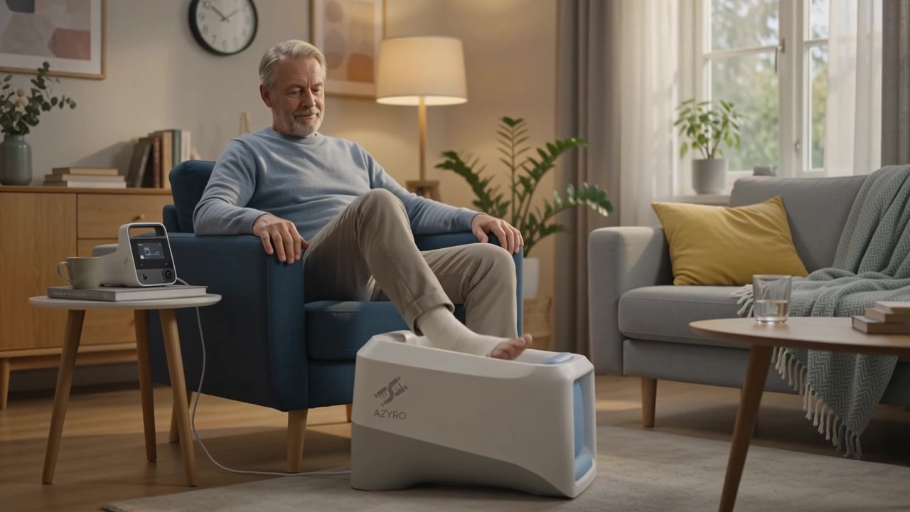 Illustration: a patient continuing treatment with the Azyro device at home