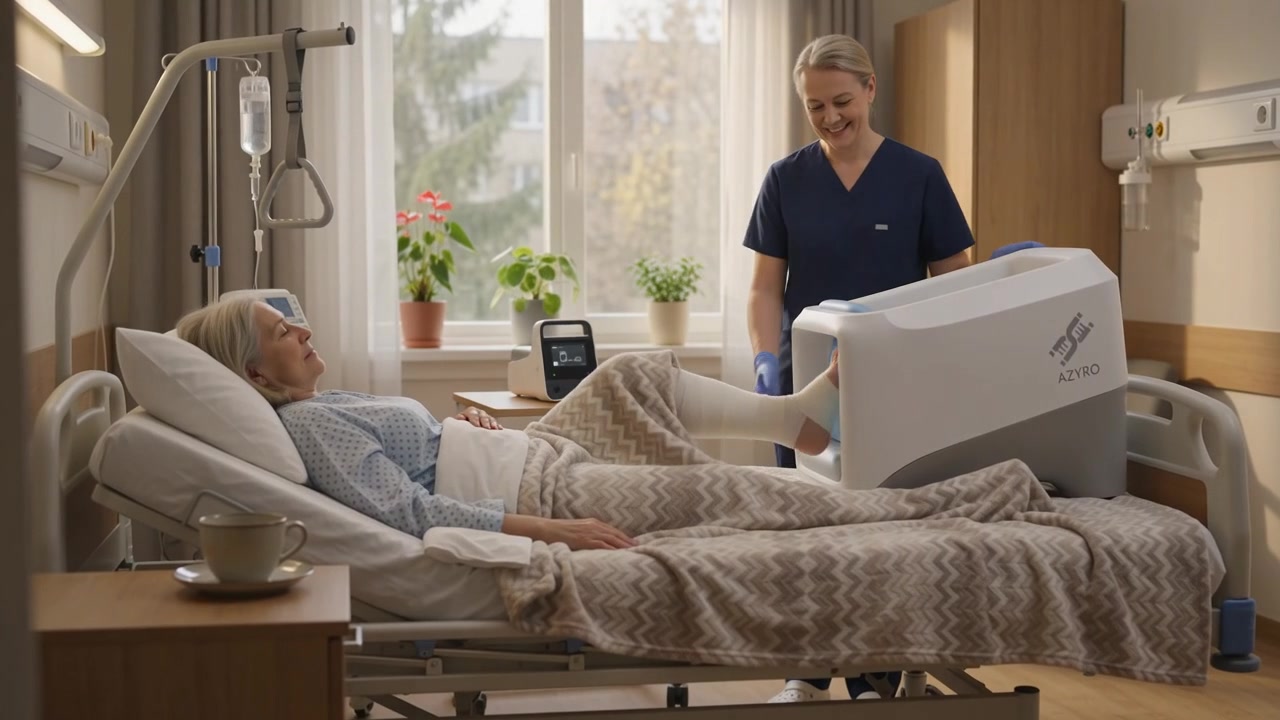 Illustration: a nurse positioning the Azyro application chamber at a hospital bedside