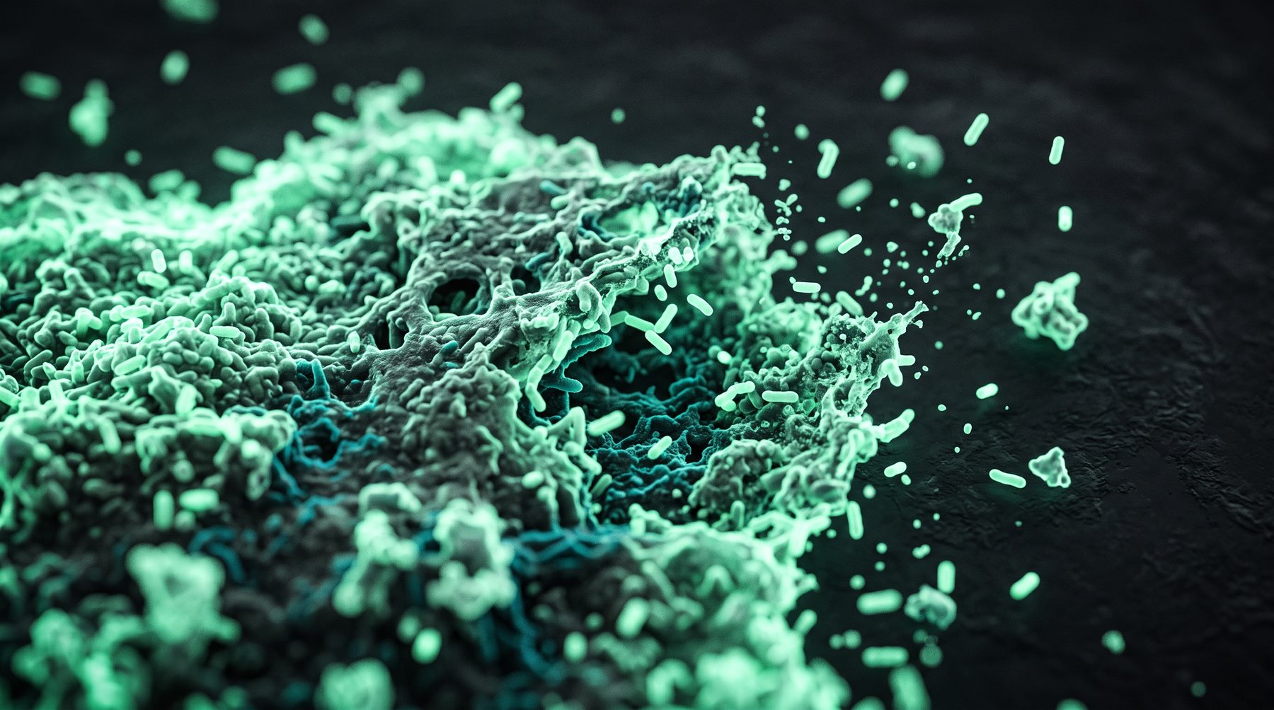 Illustration of a bacterial biofilm breaking apart