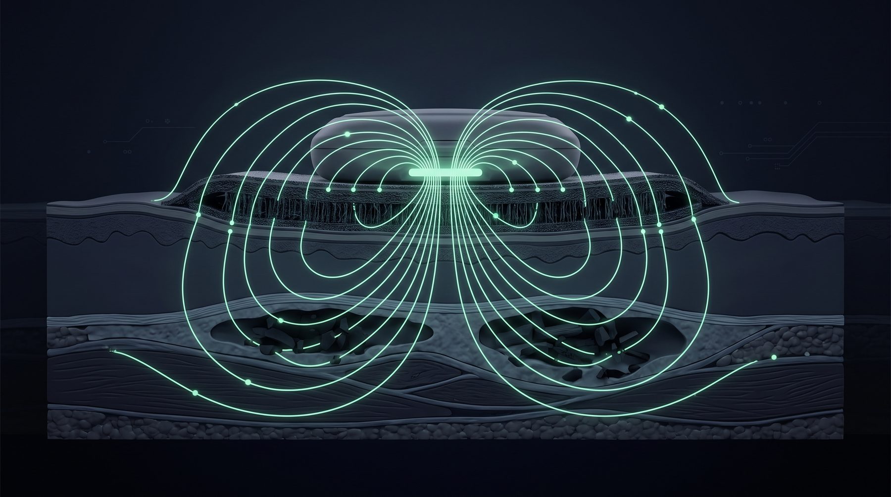 Illustration of a magnetic field passing through a wound dressing into deep tissue