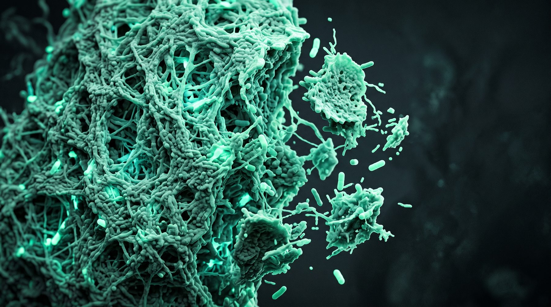 Illustration of antimicrobial particles reaching a disrupted biofilm