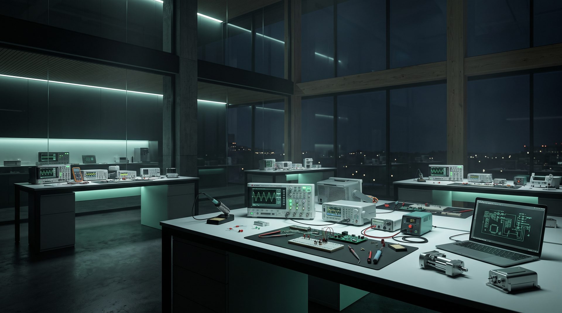 Azyro engineering laboratory at night, precision electronic instruments on the workbenches.