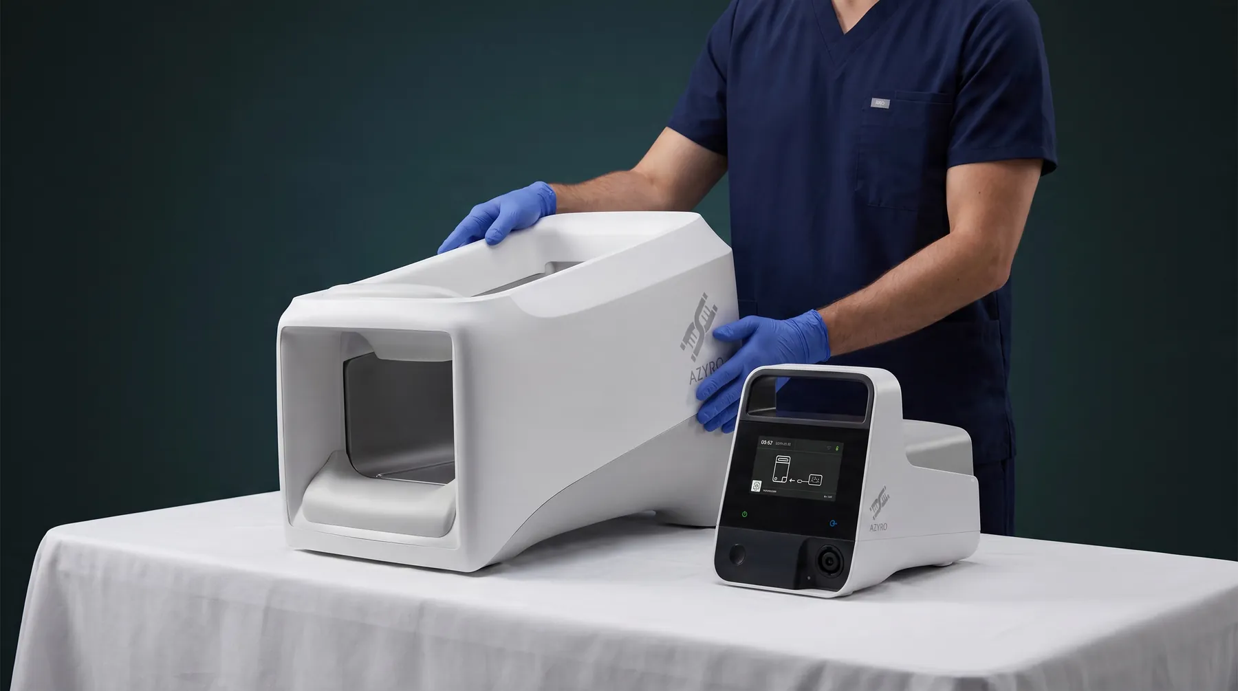 A clinician with the Azyro application chamber and Aurono Generator controller