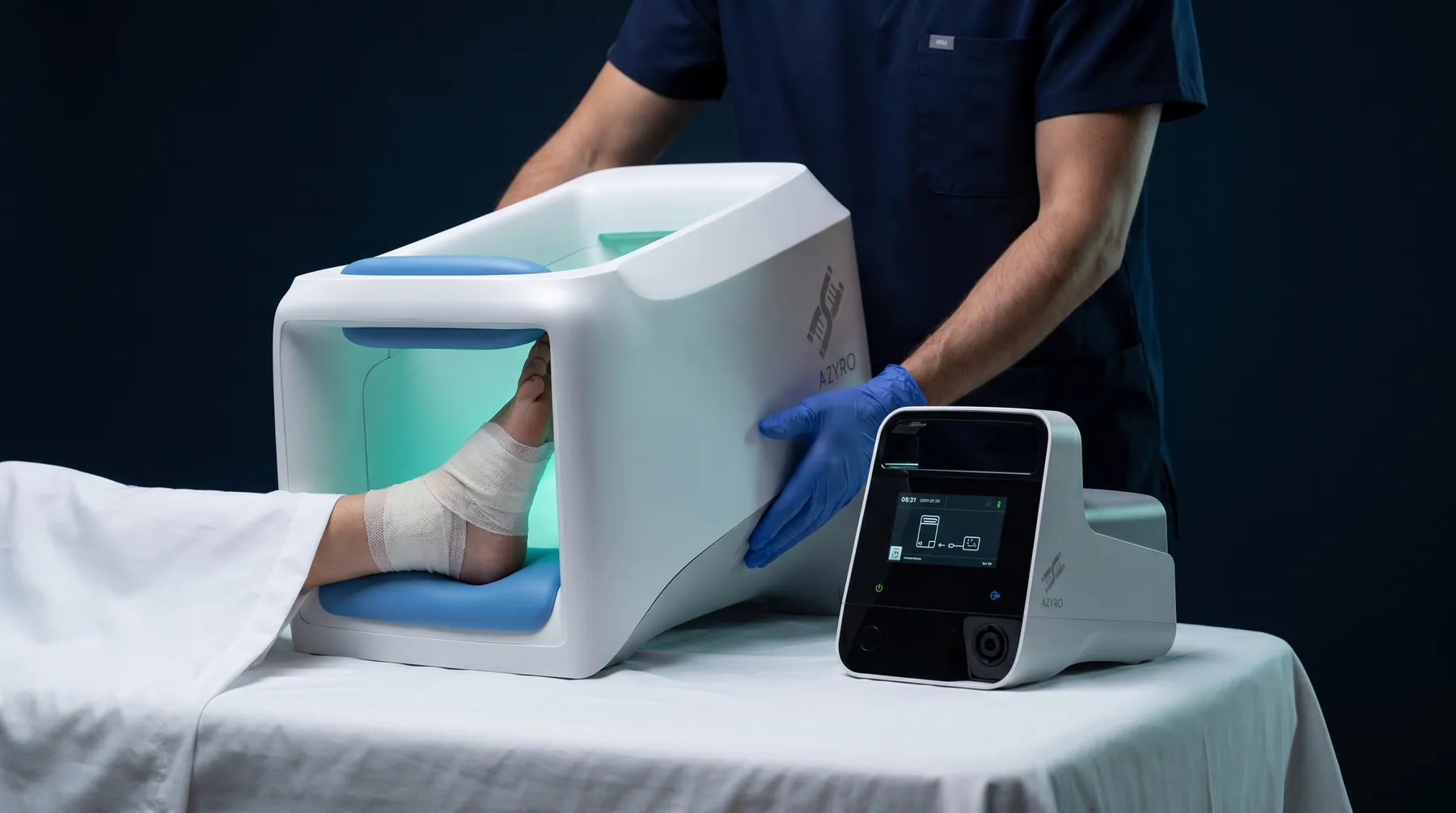 A bandaged foot inside the Azyro application chamber during a treatment session, with the Aurono Generator controller alongside.