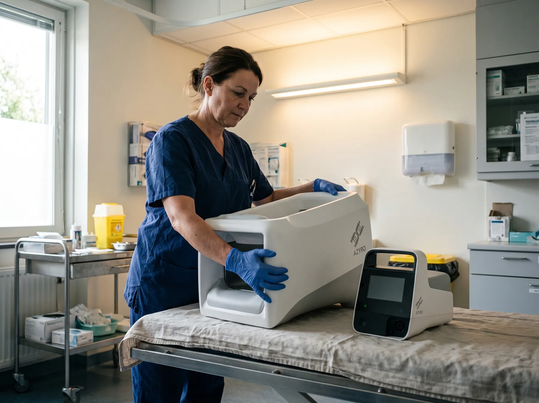 An Azyro clinician in scrubs and gloves positioning the bioelectronic application chamber on a clinical table, with the portable controller alongside.